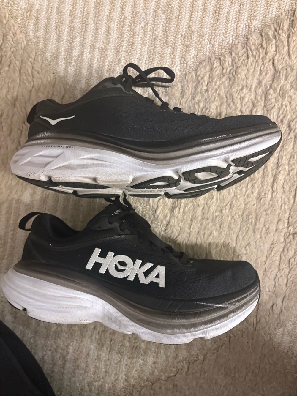Hoka Bondi 8 Black and White Athletic Running Shoes - Picture 1 of 3
